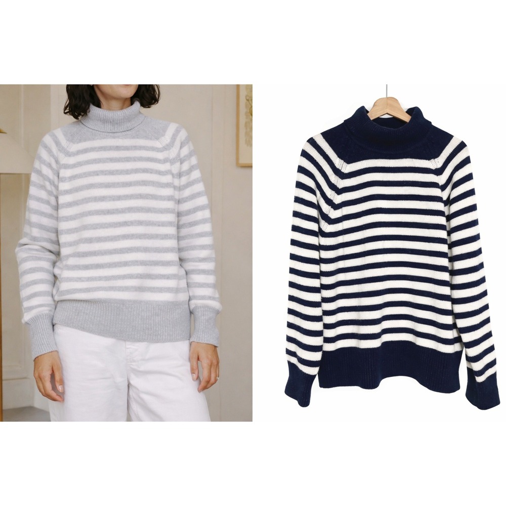 Colori Cashmere Nautical Striped Turtleneck Sweater Navy White‎ S